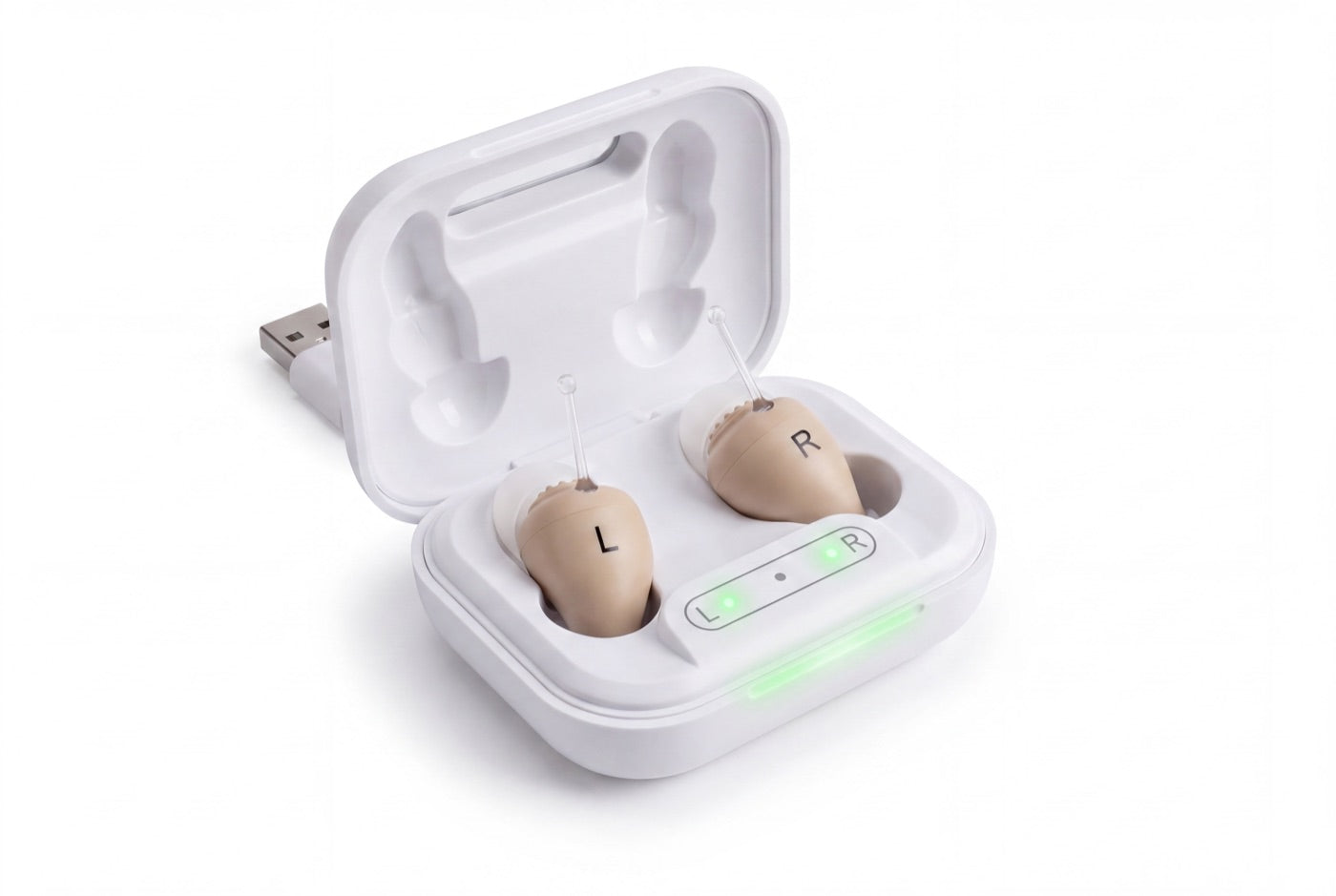 hearo hearing aids resting in their open USB-C charging case, green LEDs glowing