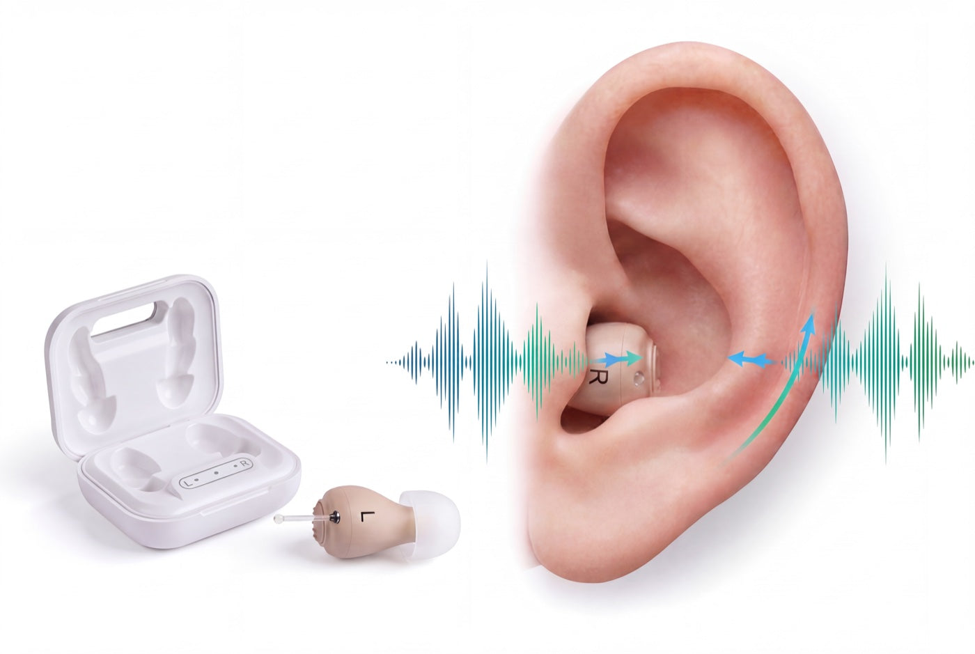 Close-up of an ear wearing the hearo hearing aid with sound waves flowing in, charging case beside it